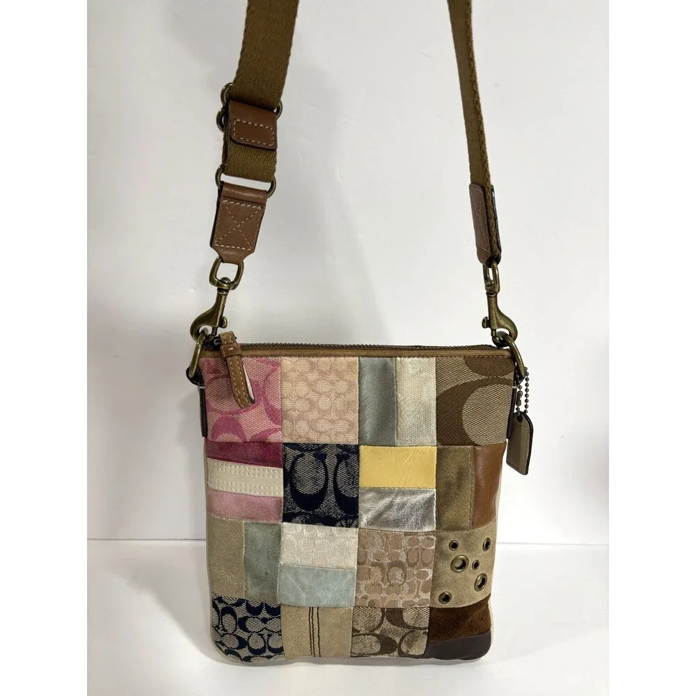Vtg Coach Signature Patchwork Crossbody Bag Mix Canvas Suede Leather Multicolor
